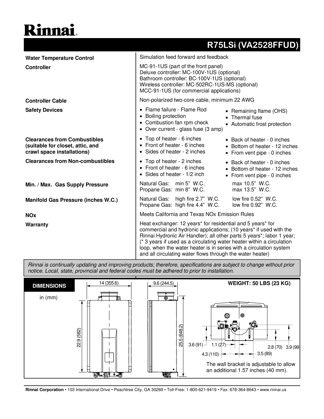 Rinnai R75LSI (VA2528FFUD) manual Water Temperature Control Controller Controller Cable, NOx Warranty, Dimensions 