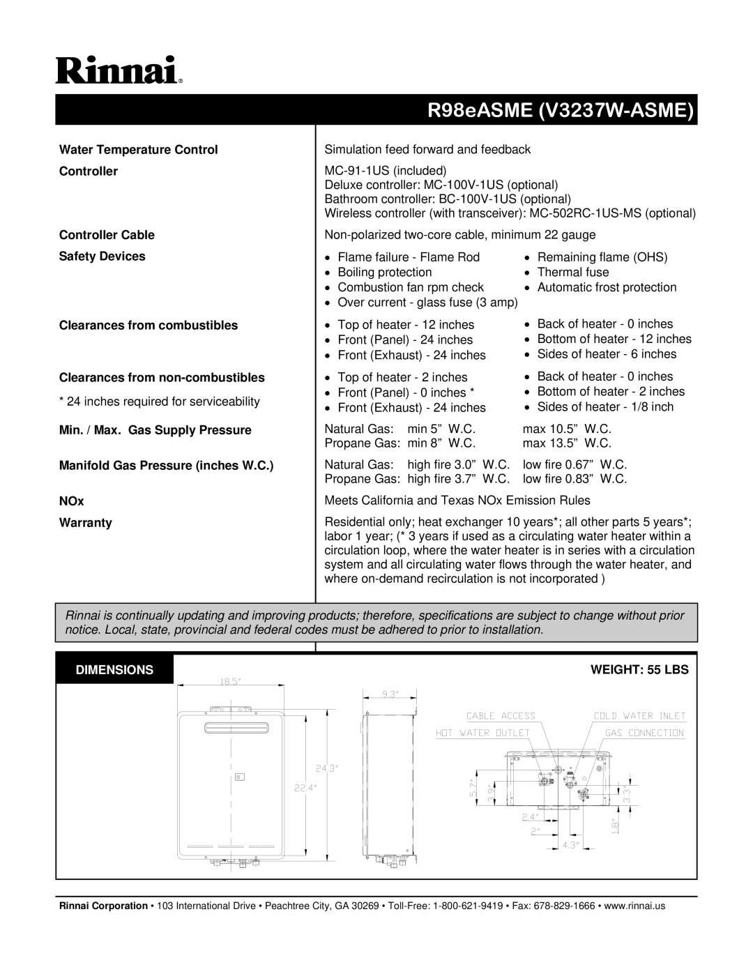 Rinnai R98EASME manual Dimensions Weight 55 LBS 