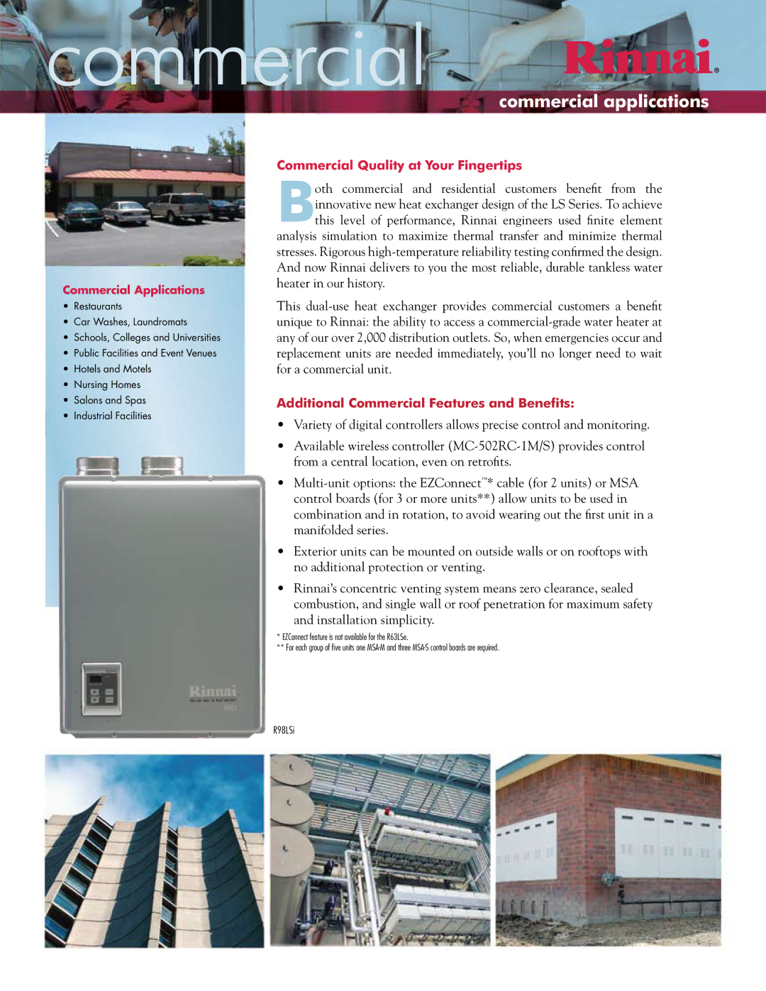 Rinnai R98LS manual Commercial applications, Commercial Quality at Your Fingertips, Commercial Applications 