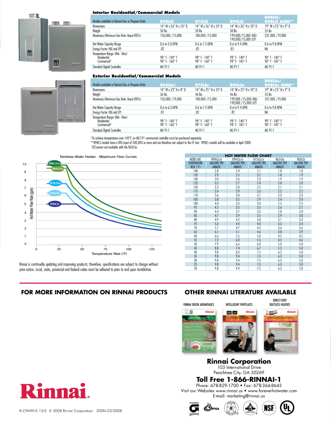 Rinnai R98LS manual Weight 50 lbs 55 lbs, 150,000 /15,000 180,000 /15,000, 237,000 /19,000, Weight 36 lbs 46 lbs 55 lbs 