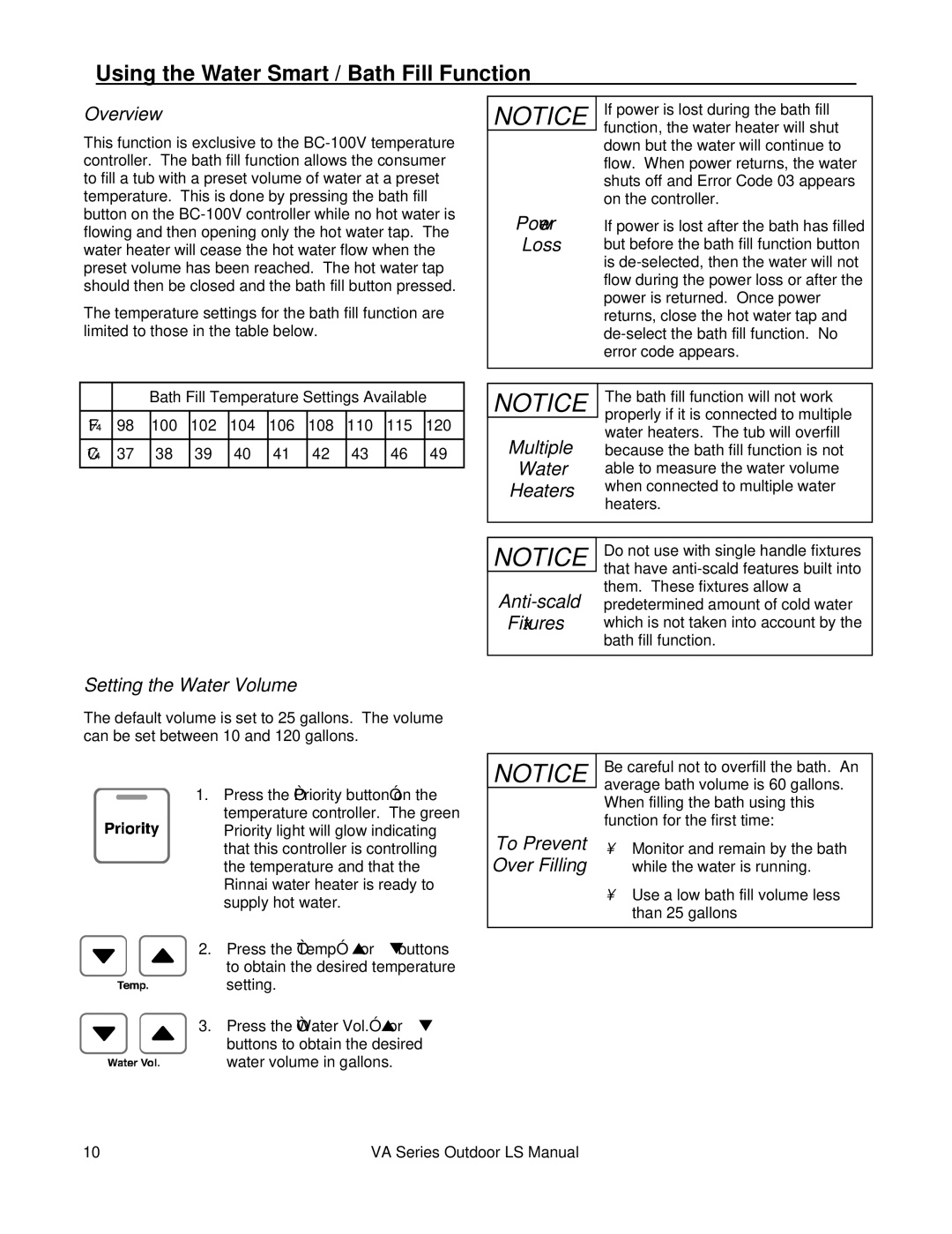 Rinnai R98LSE-ASME installation manual Using the Water Smart / Bath Fill Function, Overview, Setting the Water Volume 