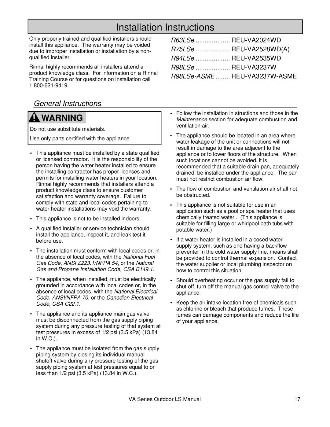 Rinnai R98LSE-ASME installation manual Installation Instructions, General Instructions 