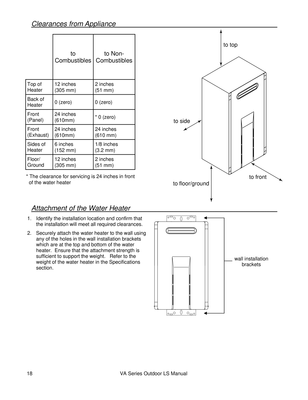 Rinnai R98LSE-ASME installation manual Clearances from Appliance, Attachment of the Water Heater 