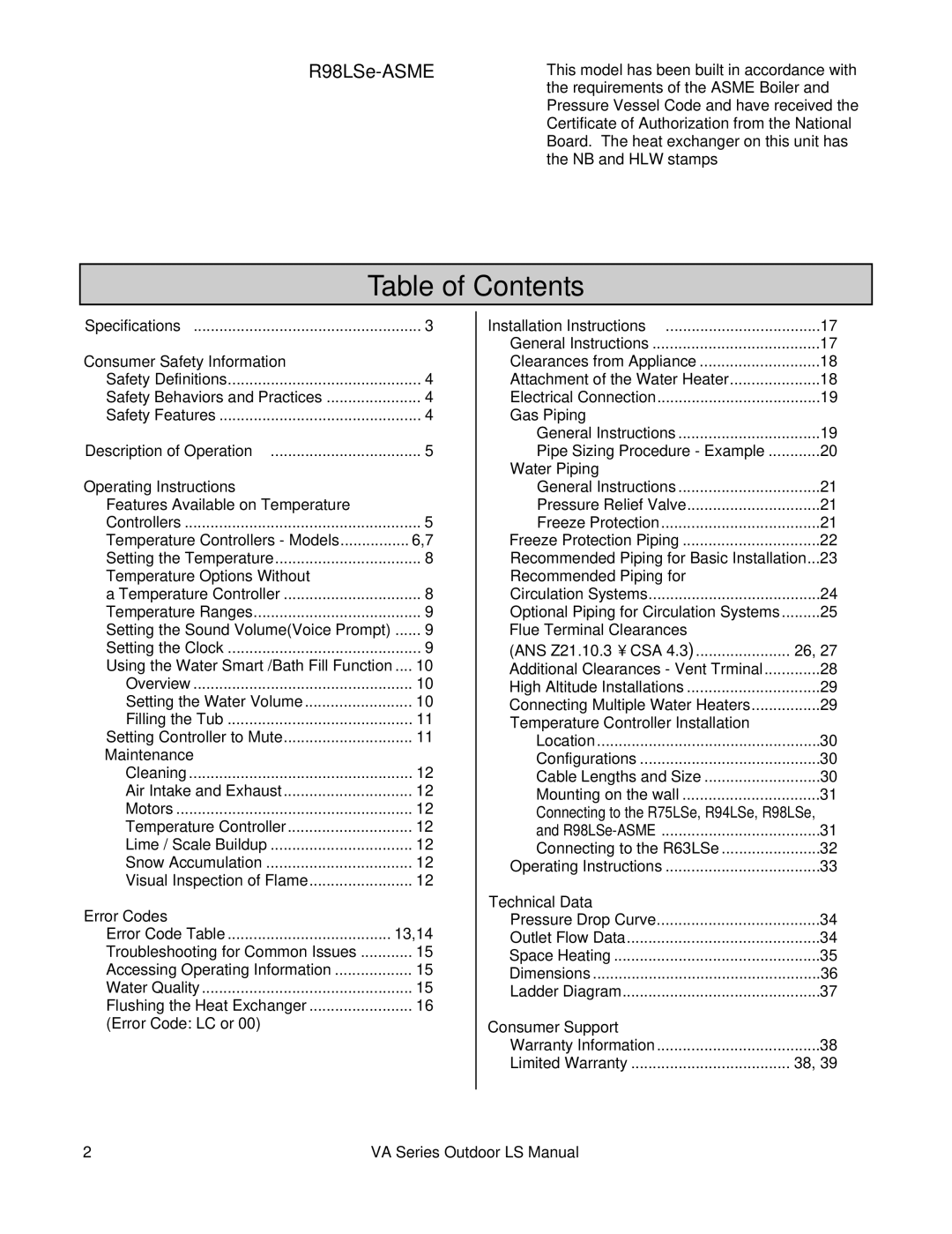 Rinnai R98LSE-ASME installation manual Table of Contents 