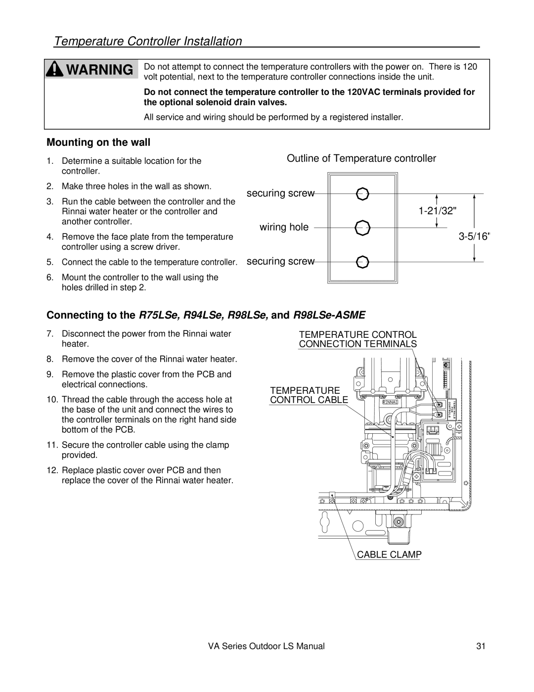 Rinnai R98LSE-ASME installation manual Mounting on the wall, Outline of Temperature controller 