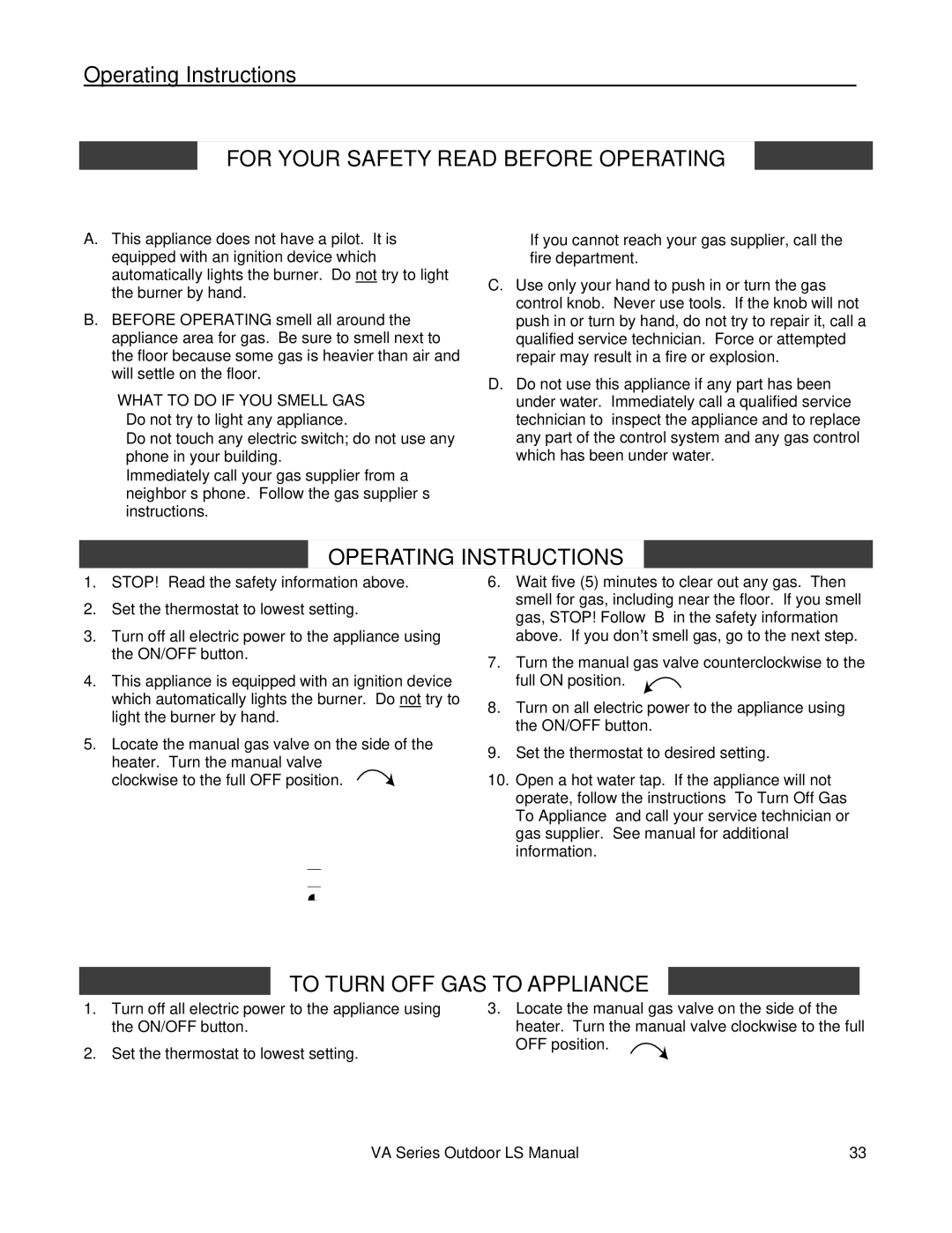 Rinnai R98LSE-ASME installation manual Operating Instructions, For Your Safety Read Before Operating 