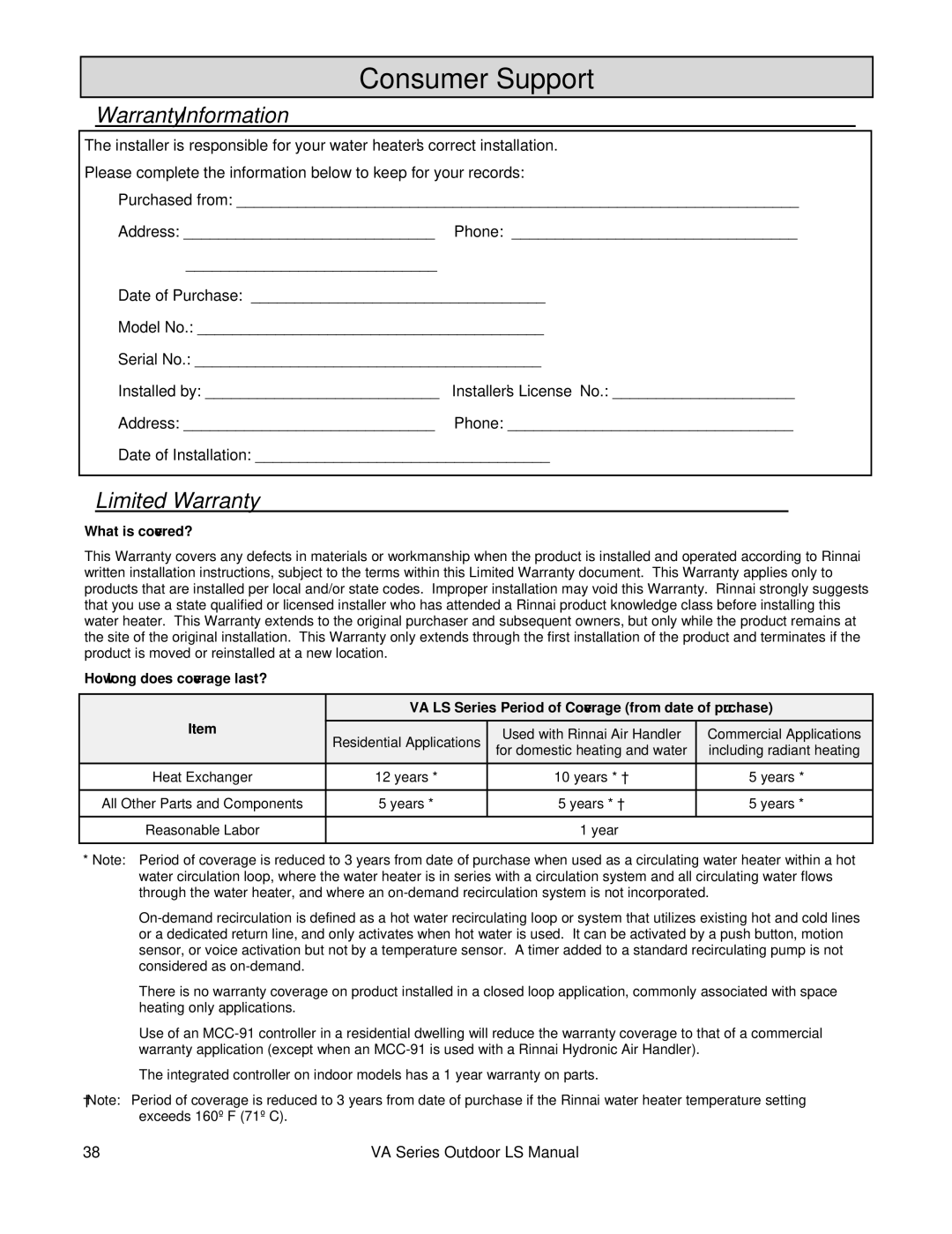 Rinnai R98LSE-ASME installation manual Consumer Support, Warranty Information, Limited Warranty 