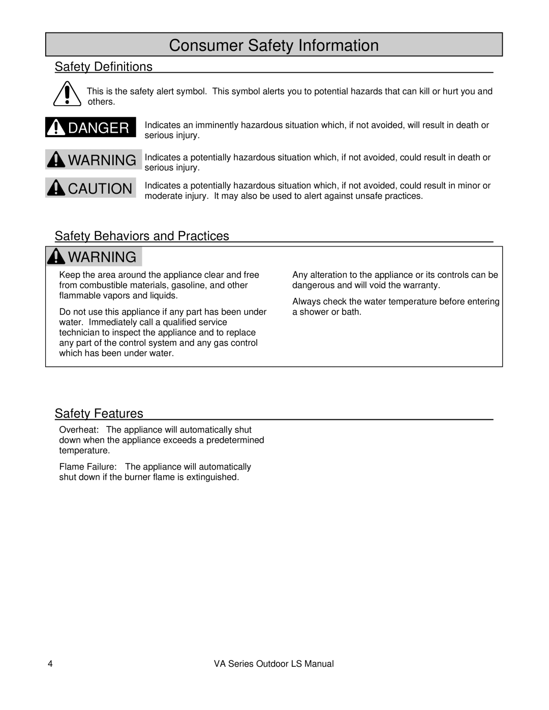 Rinnai R98LSE-ASME Consumer Safety Information, Safety Definitions, Safety Behaviors and Practices Safety Features 