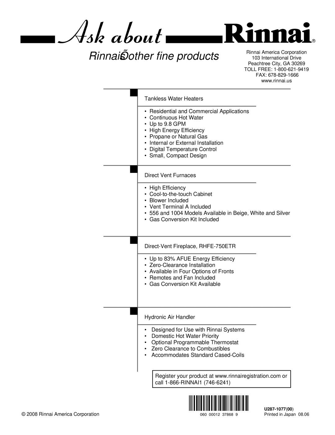 Rinnai R98LSE-ASME installation manual Rinnai’s other fine products 103 International Drive 