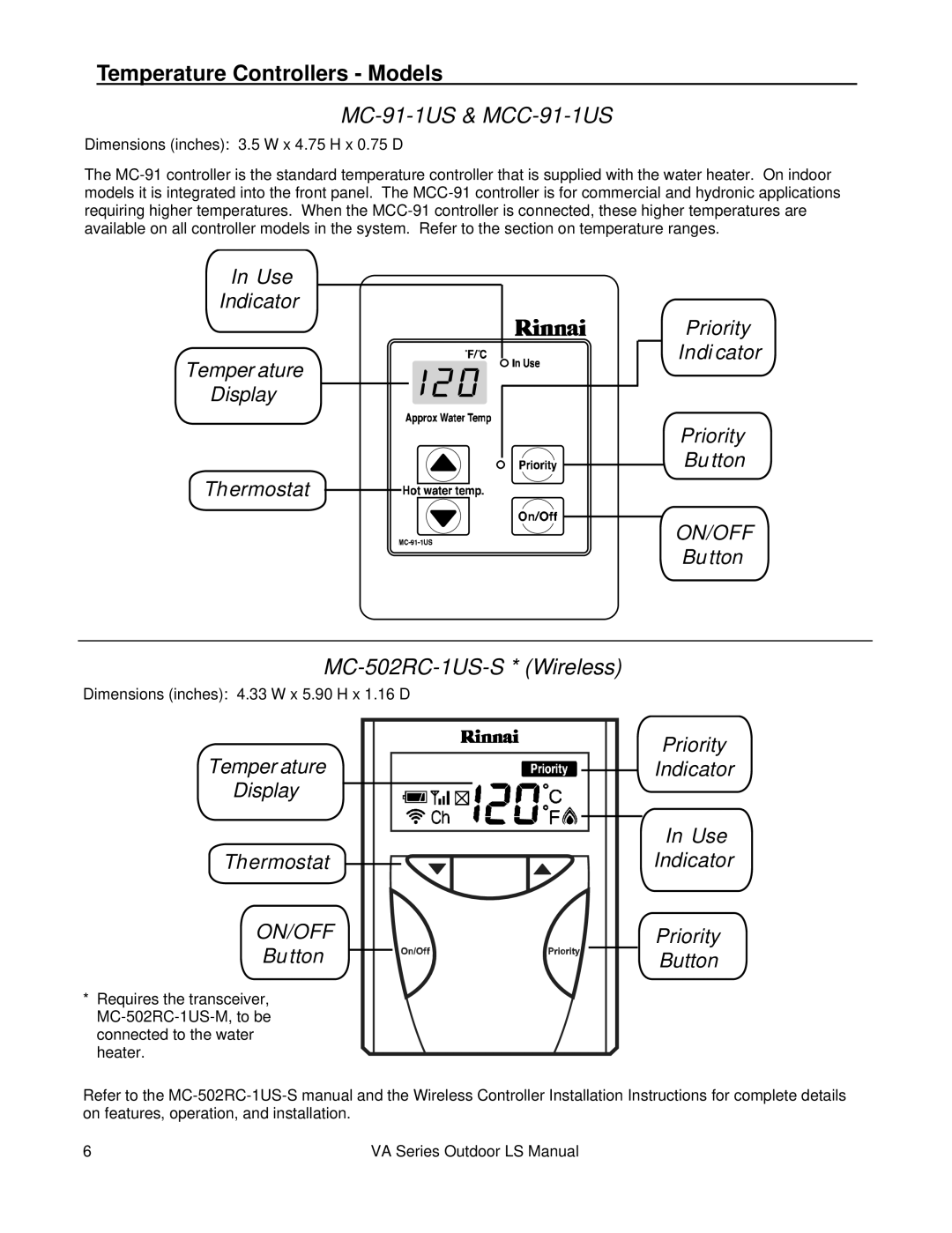 Rinnai R98LSE-ASME installation manual Temperature Controllers Models, MC-91-1US & MCC-91-1US 