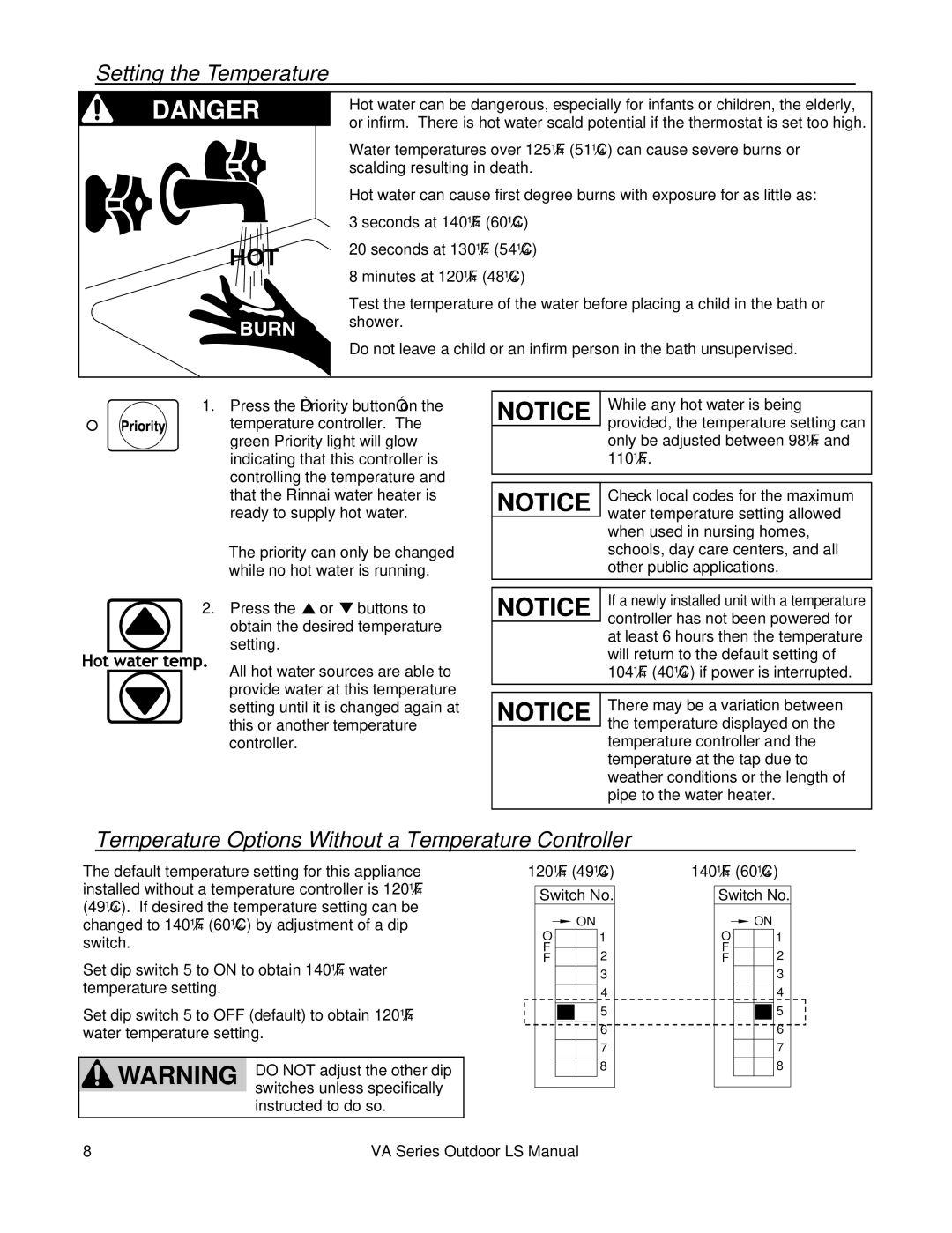 Rinnai R98LSE-ASME installation manual Setting the Temperature, Temperature Options Without a Temperature Controller 