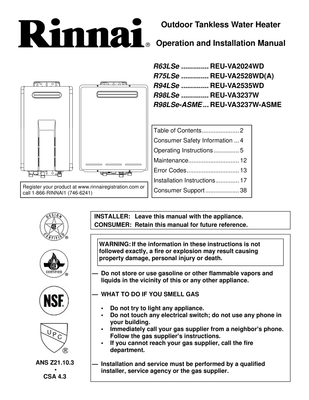 Rinnai R98LSE-ASME installation manual Outdoor Tankless Water Heater, Operation and Installation Manual, R63LSe, R75LSe 