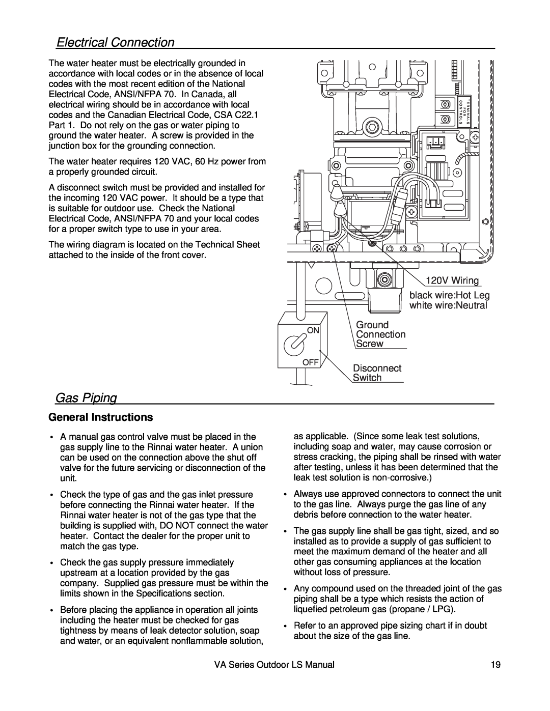 Rinnai R98LSE-ASME Electrical Connection, Gas Piping, General Instructions, Ground ON Connection Screw, Disconnect Switch 