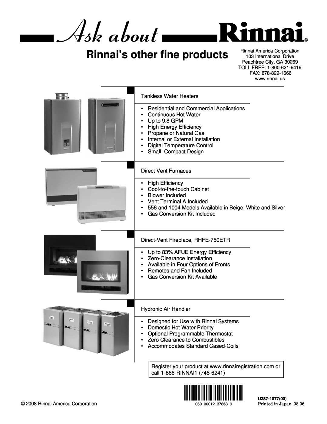 Rinnai R98LSE-ASME installation manual Tankless Water Heaters 