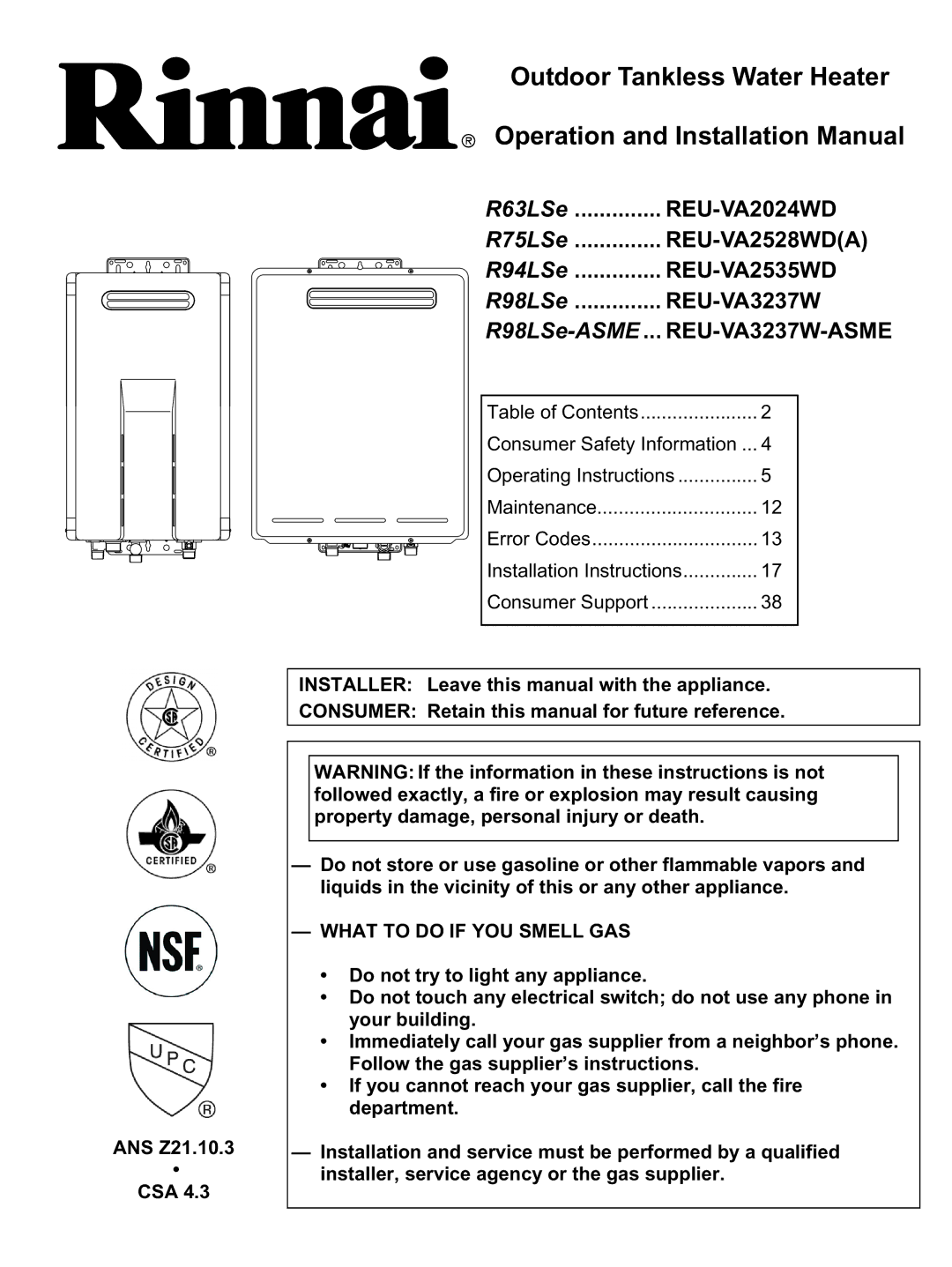 Rinnai R63LSe, R98LSe, R94LSe, R75LSe installation manual REU-VA2535WD, ANS Z21.10.3 CSA 