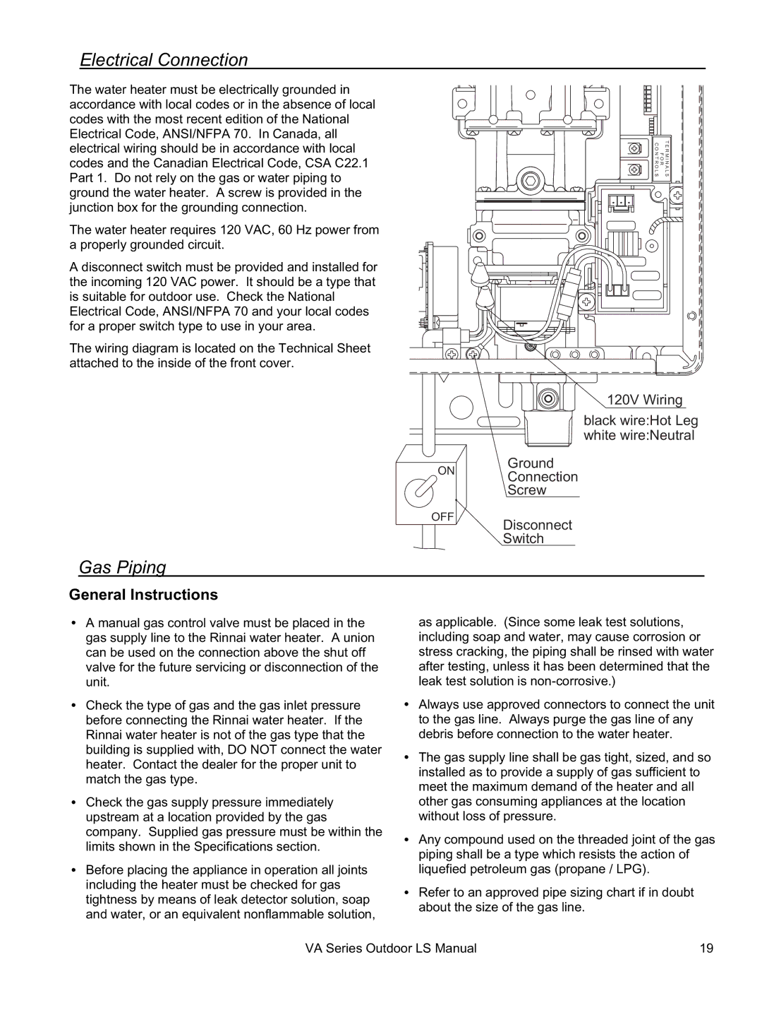 Rinnai R75LSe, R98LSe, R63LSe, R94LSe installation manual Electrical Connection, Gas Piping, General Instructions 