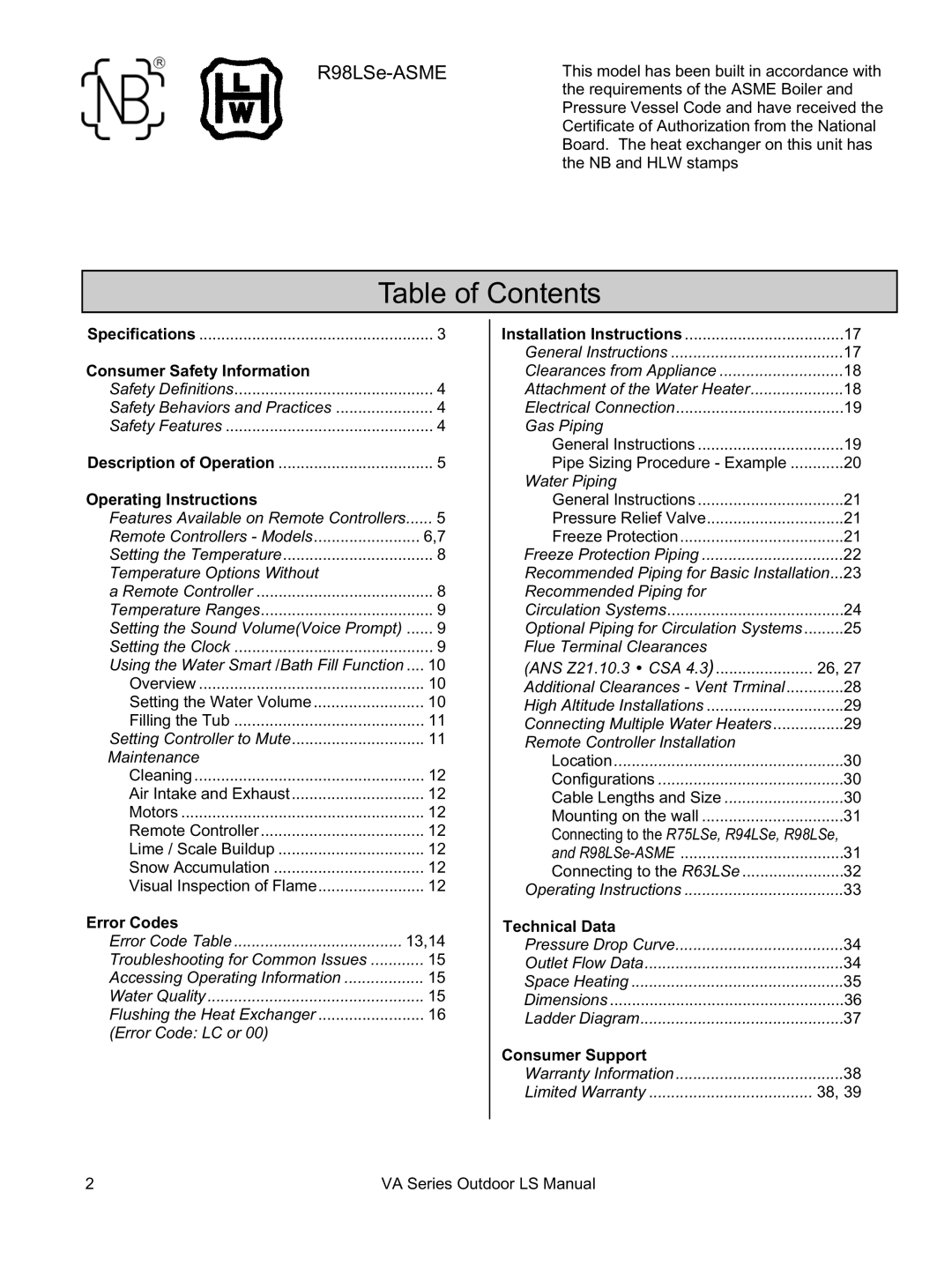 Rinnai R94LSe, R98LSe, R63LSe, R75LSe installation manual Table of Contents 