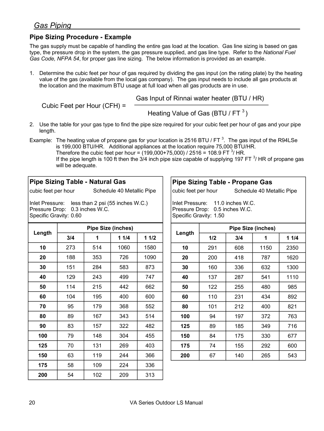 Rinnai R98LSe, R63LSe, R94LSe, R75LSe installation manual Pipe Sizing Procedure Example 