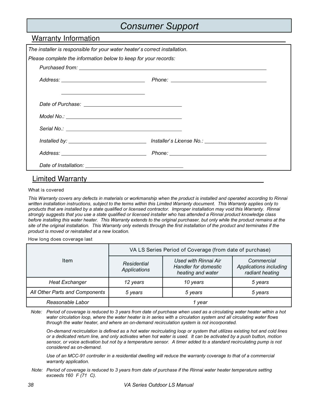 Rinnai R94LSe, R98LSe, R63LSe, R75LSe installation manual Consumer Support, Warranty Information, Limited Warranty 