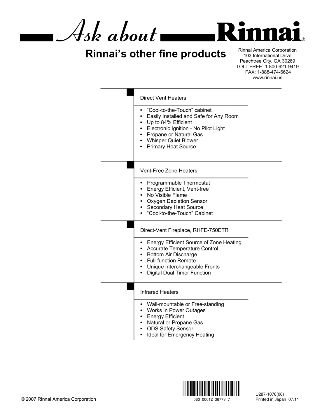 Rinnai R98LSe, R63LSe, R94LSe, R75LSe installation manual Rinnai’s other fine products 103 International Drive 