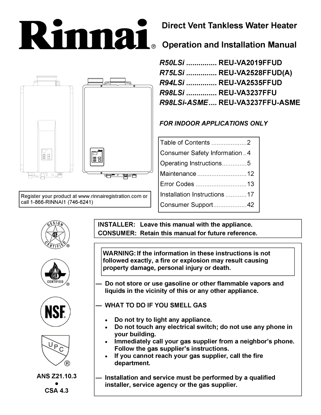 Rinnai R98LSI-ASME, R75LSI, R94LSI, R50LSI installation manual REU-VA3237FFU, ANS Z21.10.3 CSA 