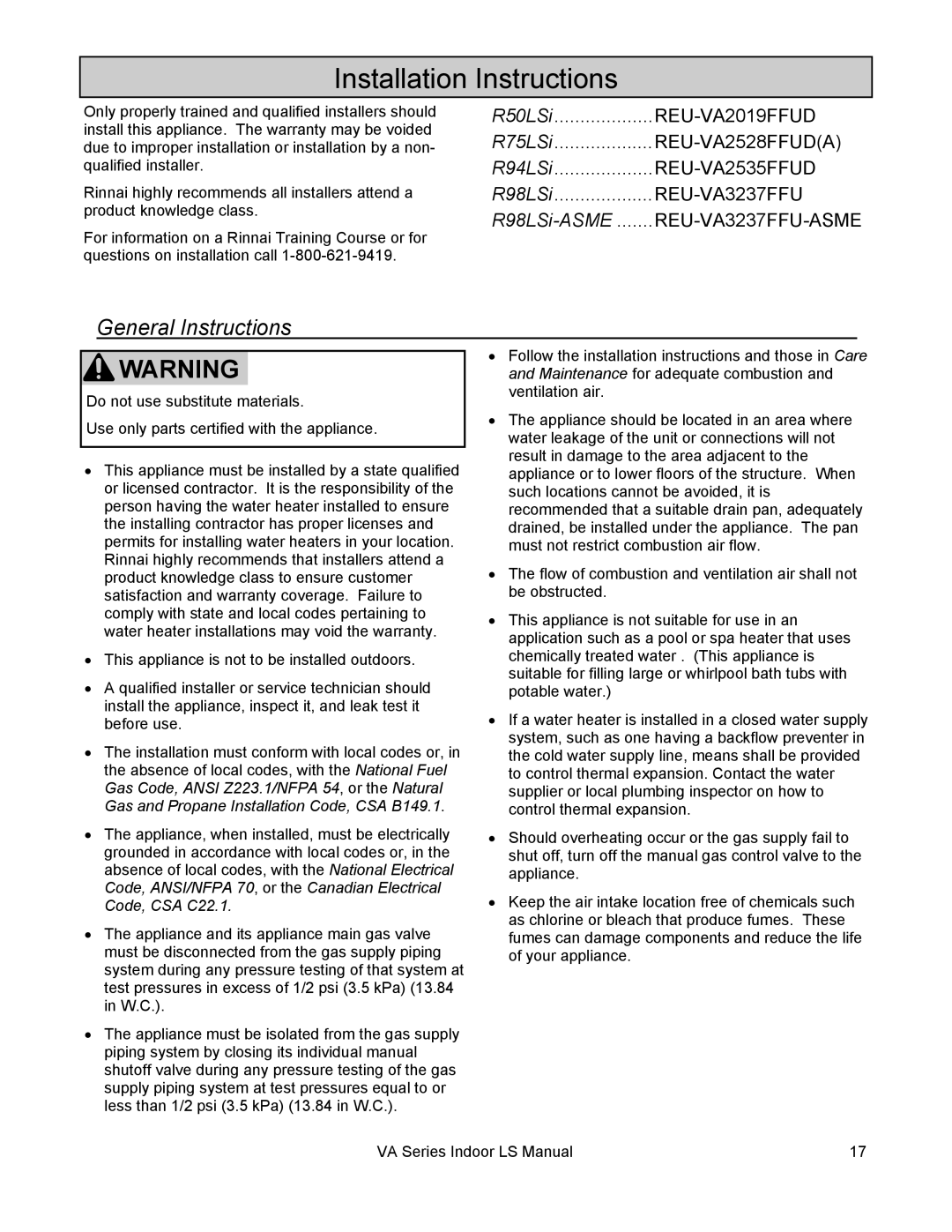 Rinnai R75LSI, R98LSI-ASME, R94LSI, R50LSI installation manual Installation Instructions, General Instructions 