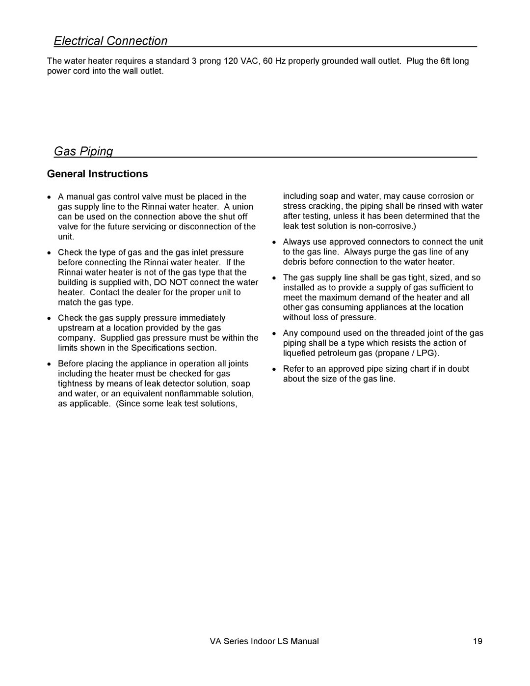 Rinnai R50LSI, R98LSI-ASME, R75LSI, R94LSI installation manual Electrical Connection, Gas Piping, General Instructions 