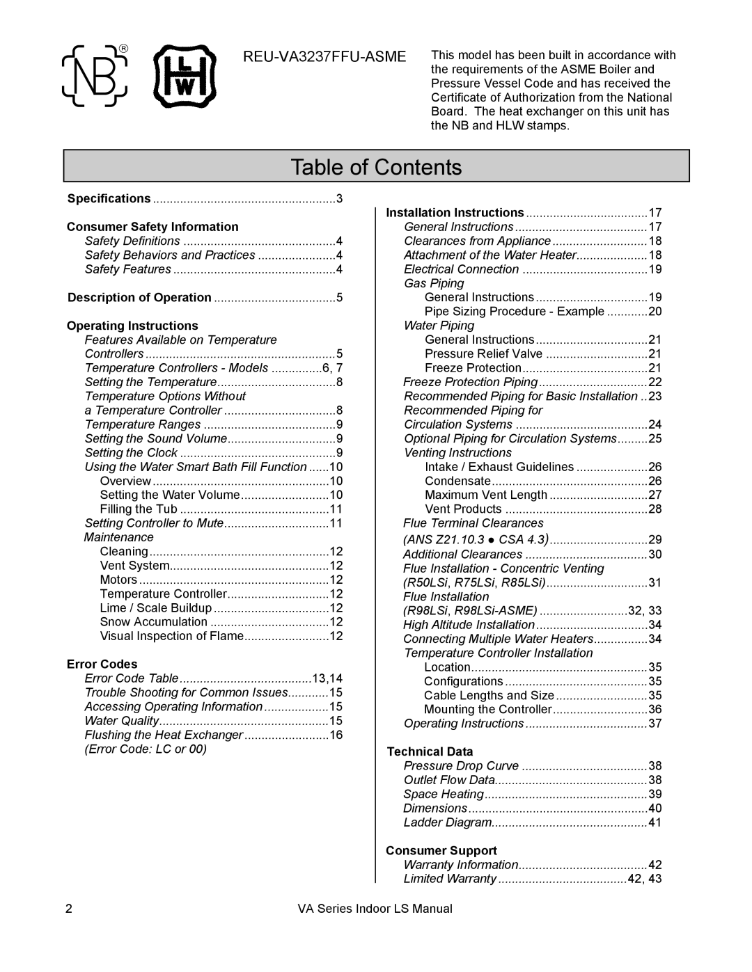 Rinnai R75LSI, R98LSI-ASME, R94LSI, R50LSI installation manual Table of Contents 