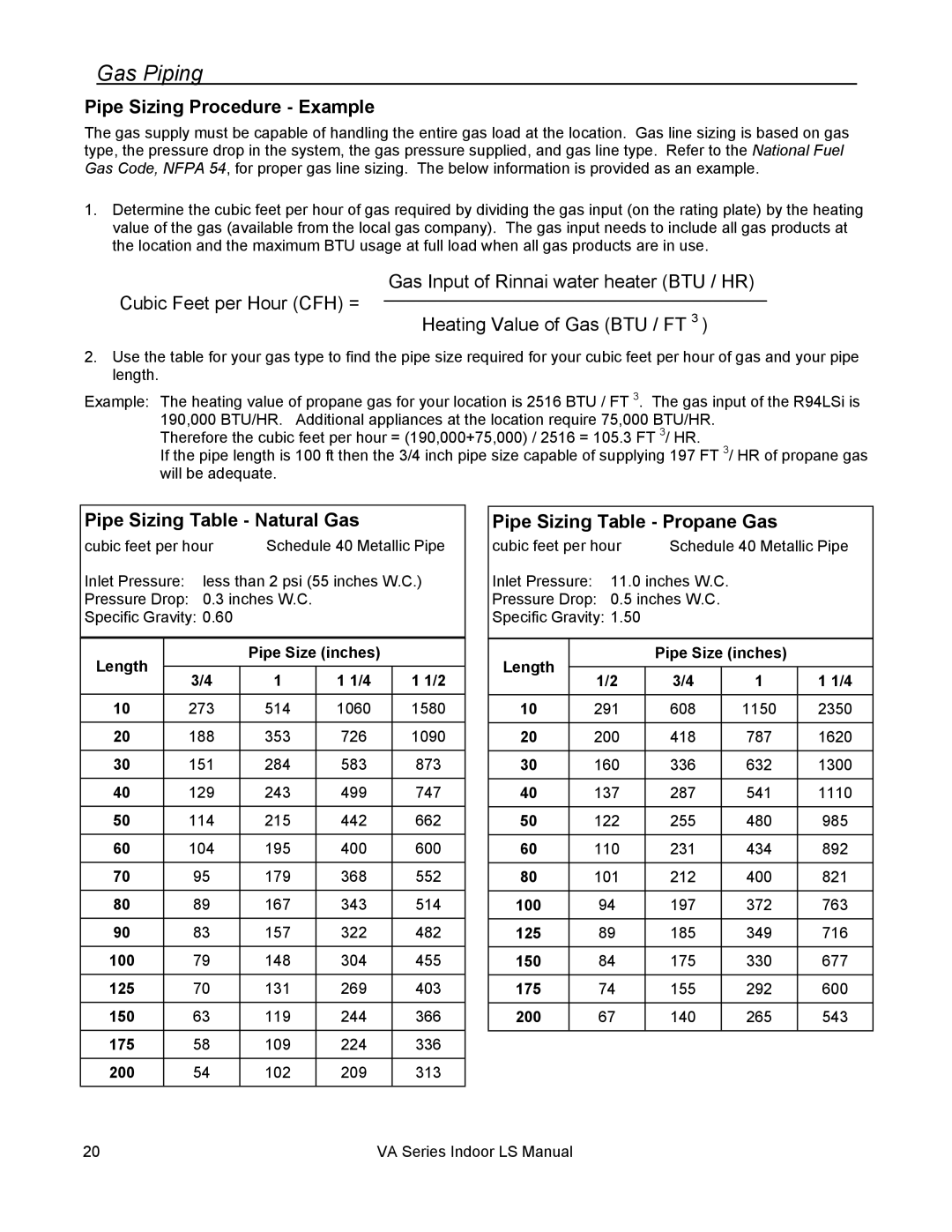 Rinnai R98LSI-ASME, R75LSI, R94LSI, R50LSI installation manual Pipe Sizing Procedure Example 