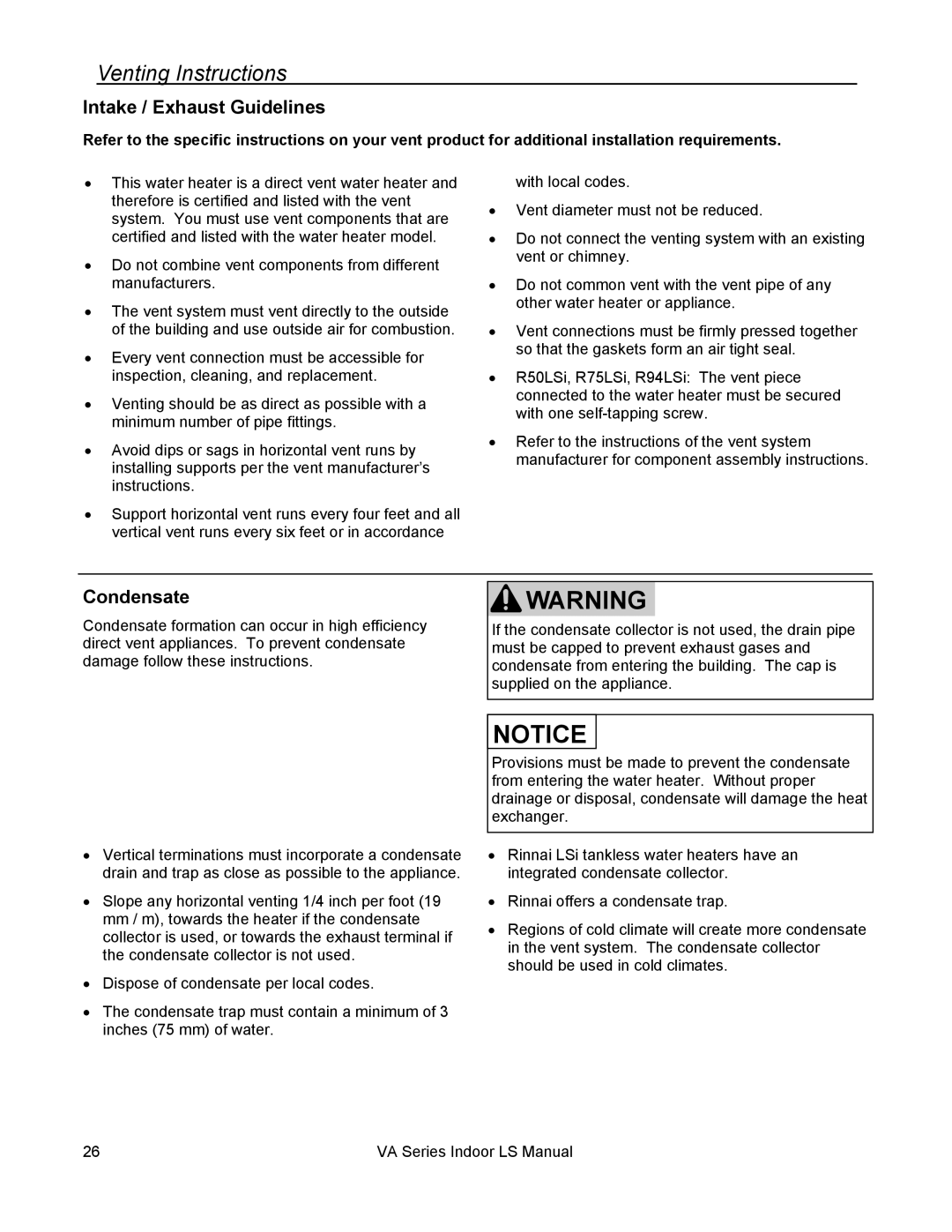 Rinnai R98LSI-ASME, R75LSI, R94LSI, R50LSI installation manual Venting Instructions, Intake / Exhaust Guidelines, Condensate 