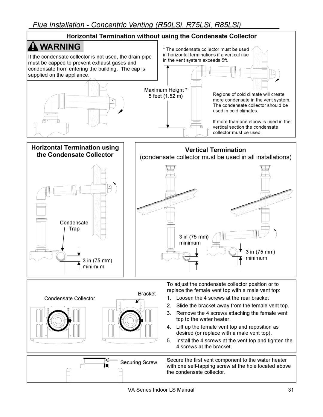 Rinnai R98LSI-ASME, R75LSI, R94LSI, R50LSI installation manual Flue Installation Concentric Venting R50LSi, R75LSi, R85LSi 