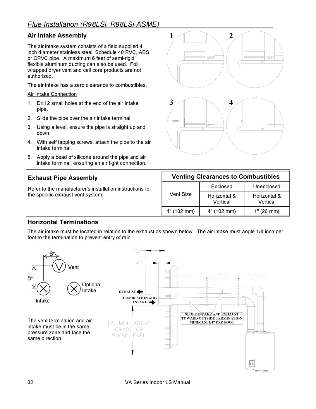 Rinnai R75LSI Flue Installation R98LSi, R98LSi-ASME, Air Intake Assembly, Exhaust Pipe Assembly, Horizontal Terminations 