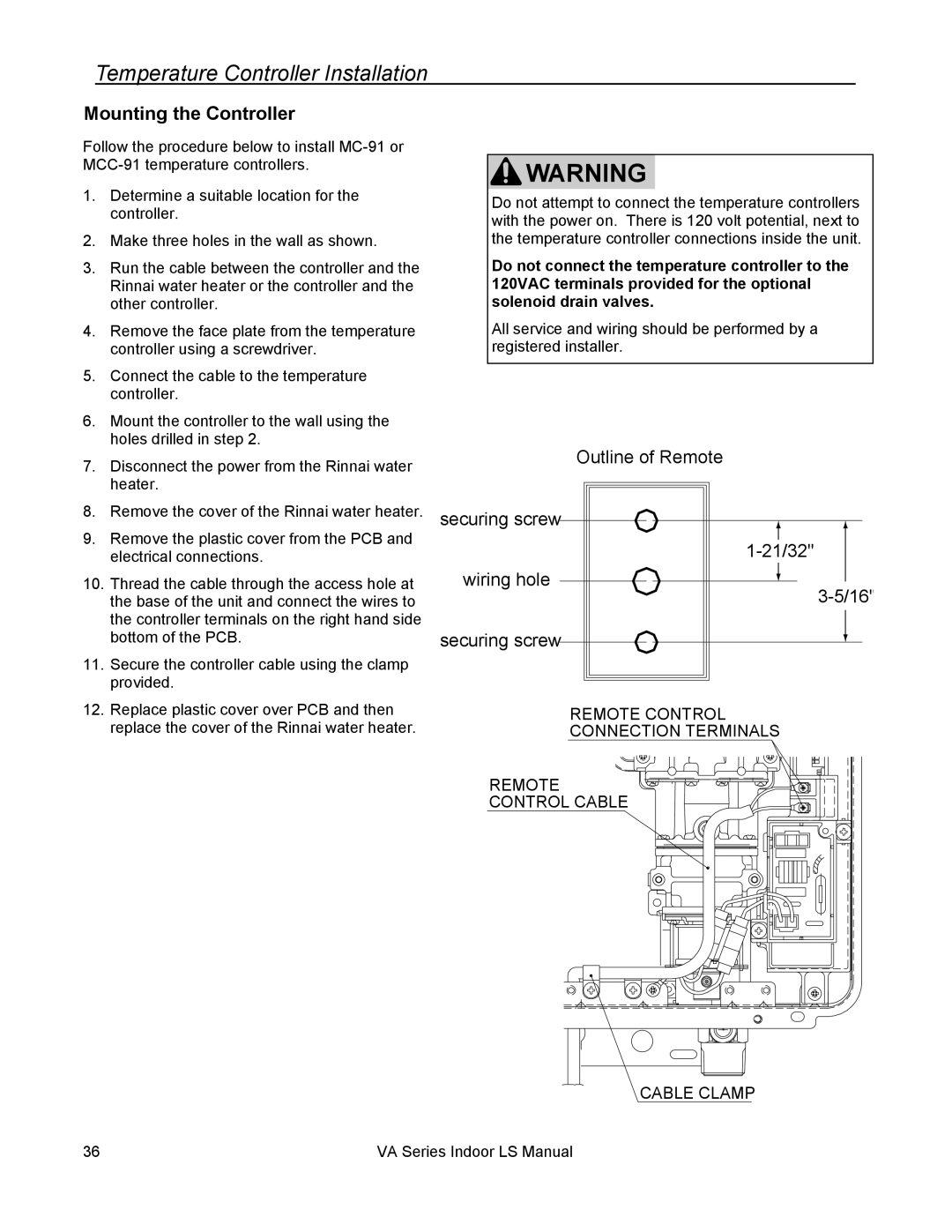 Rinnai R98LSI-ASME, R75LSI, R94LSI, R50LSI installation manual Mounting the Controller, Outline of Remote 