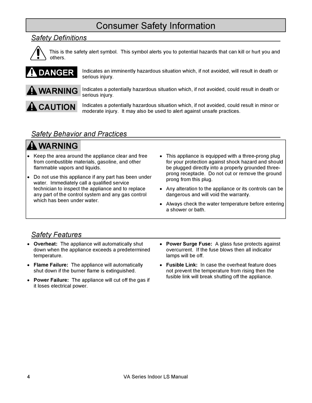 Rinnai R50LSI, R98LSI Consumer Safety Information, Safety Definitions, Safety Behavior and Practices Safety Features 