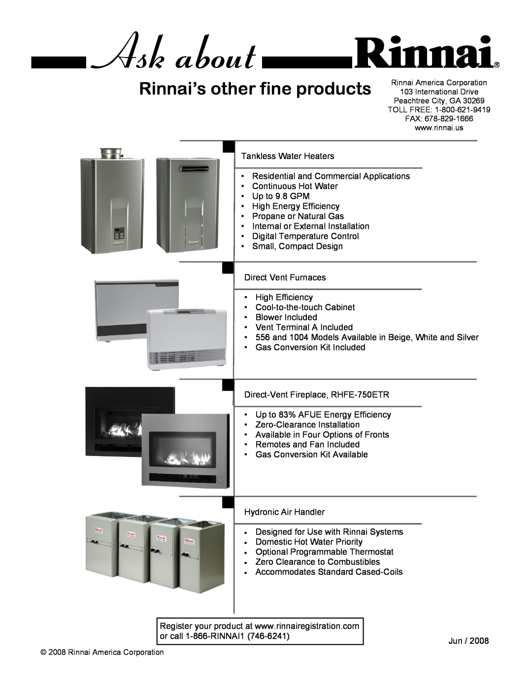 Rinnai R50LSI, R98LSI-ASME, R75LSI, R94LSI installation manual Rinnai’s other fine products 