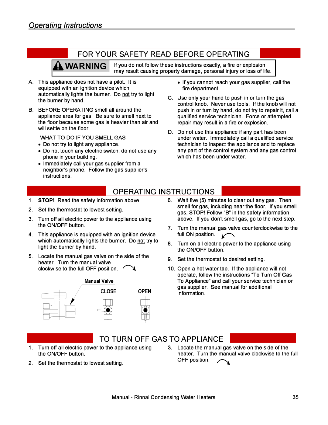 Rinnai RC98HPI, RC98HPE Operating Instructions, For Your Safety Read Before Operating, To Turn Off Gas To Appliance 