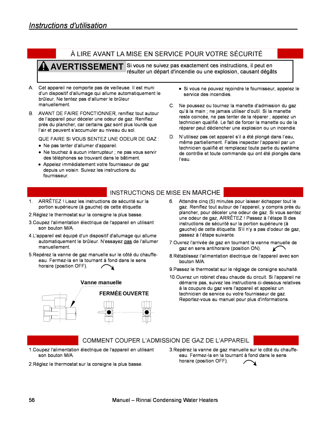 Rinnai RC98HPE Instructions dutilisation, Instructions De Mise En Marche, Comment Couper L’Admission De Gaz De L’Appareil 