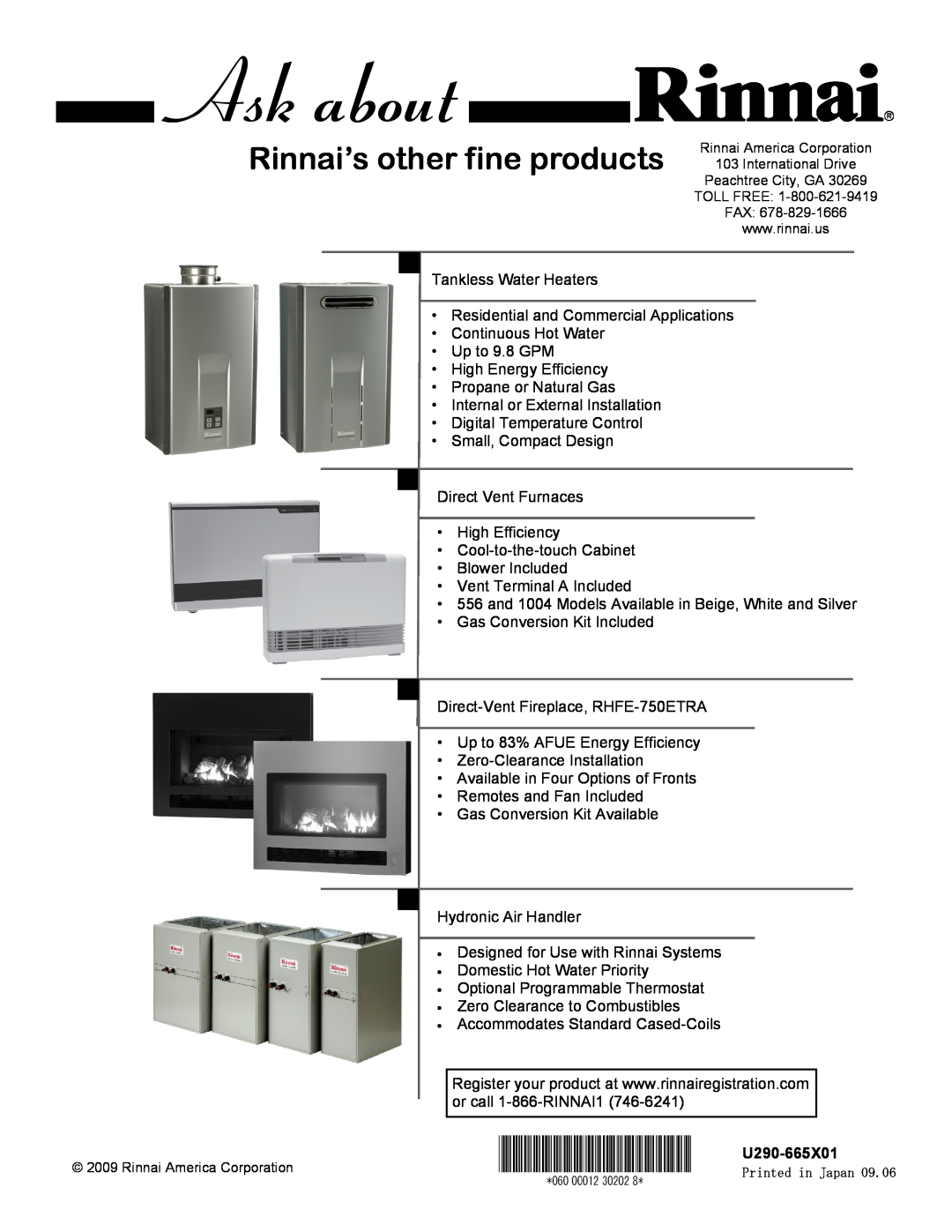 Rinnai RC98HPE, RC80HPI, RC80HPE, RC98HPI installation manual Rinnai’s other fine products, U290-665X01 