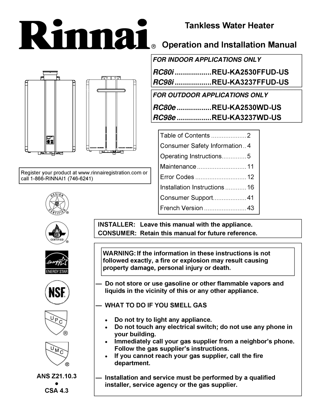 Rinnai RC98E, RC98I, RC80I installation manual Tankless Water Heater Operation and Installation Manual, ANS Z21.10.3 CSA 