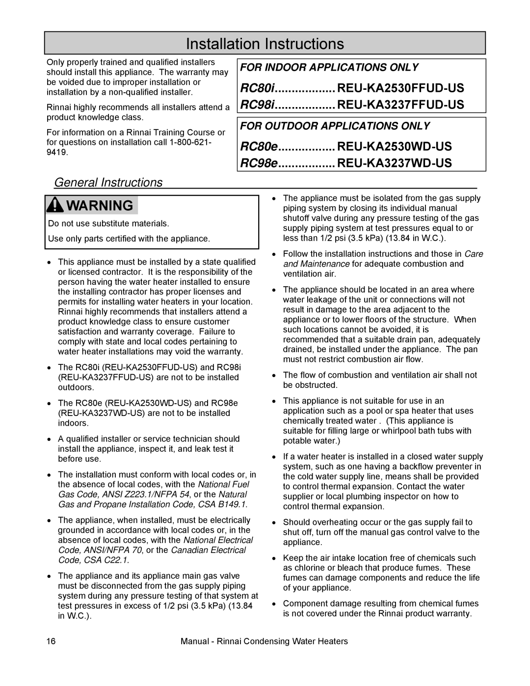 Rinnai RC98I, RC98E, RC80I, RC80E installation manual Installation Instructions, General Instructions 