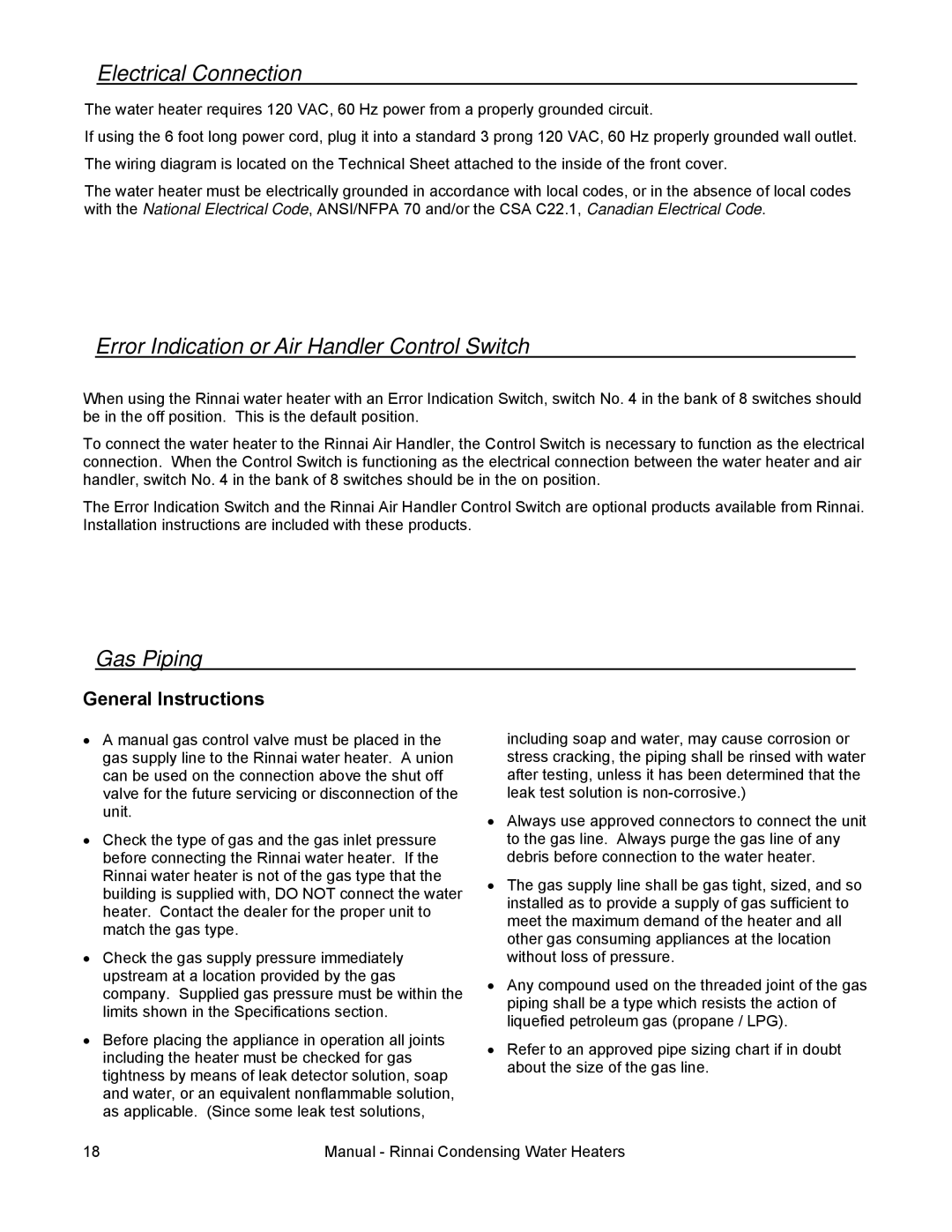 Rinnai RC80I Electrical Connection, Error Indication or Air Handler Control Switch, Gas Piping, General Instructions 