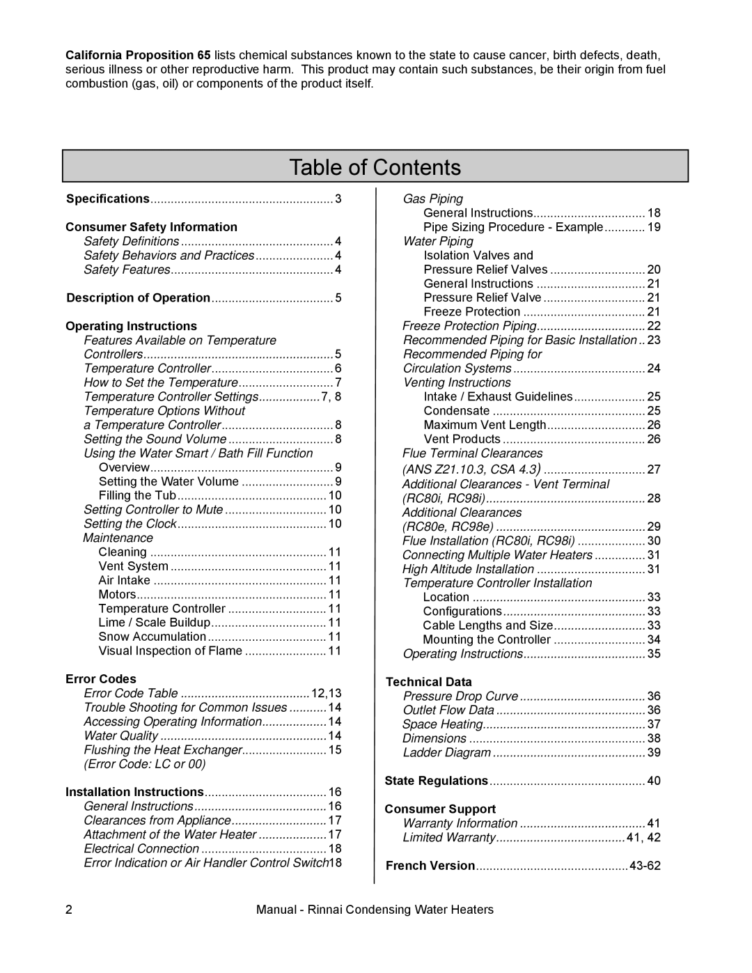 Rinnai RC80I, RC98I, RC98E, RC80E installation manual Table of Contents 