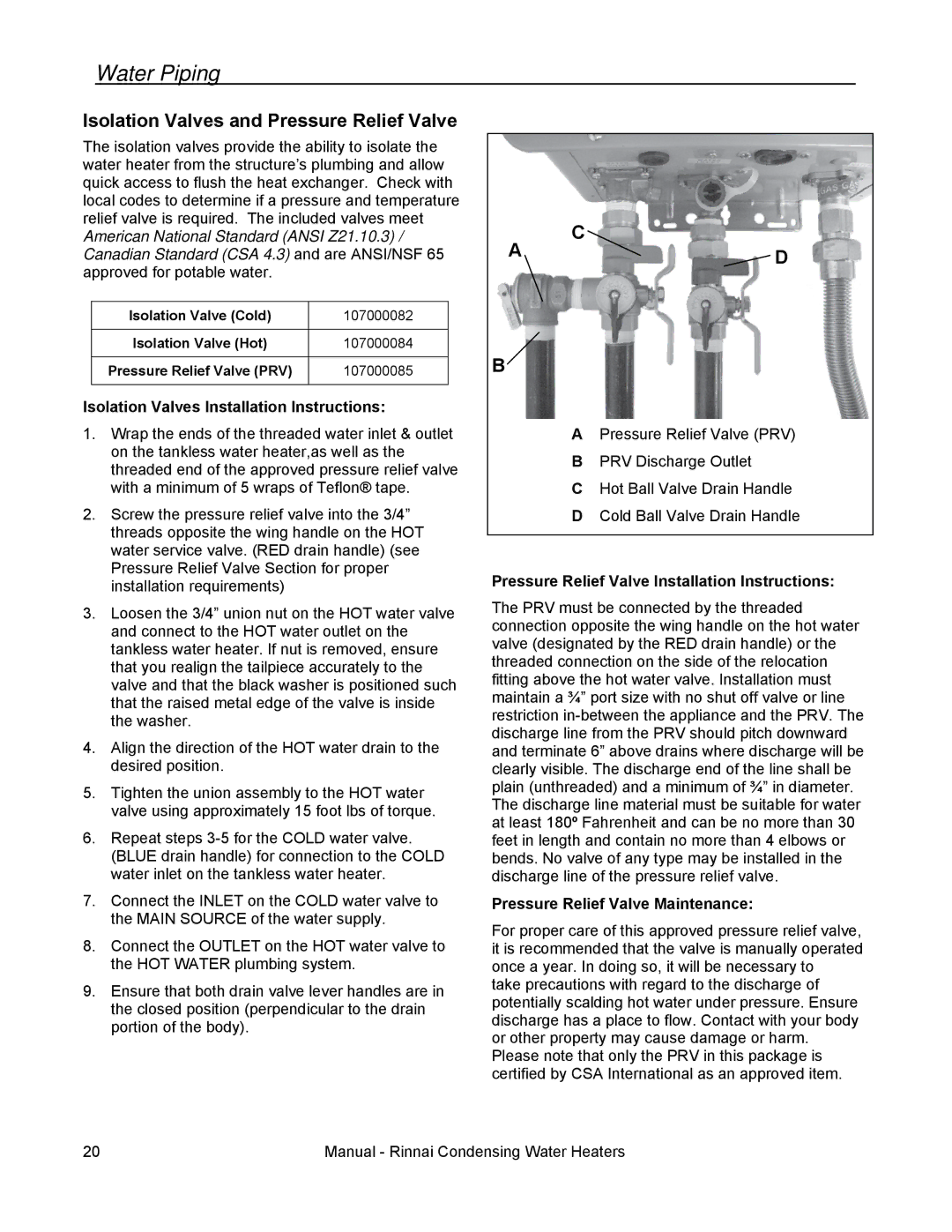 Rinnai RC98I, RC98E Water Piping, Isolation Valves and Pressure Relief Valve, Isolation Valves Installation Instructions 