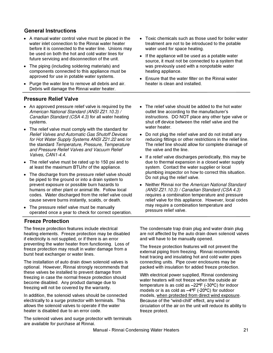 Rinnai RC98E, RC98I, RC80I, RC80E installation manual Pressure Relief Valve, Freeze Protection 
