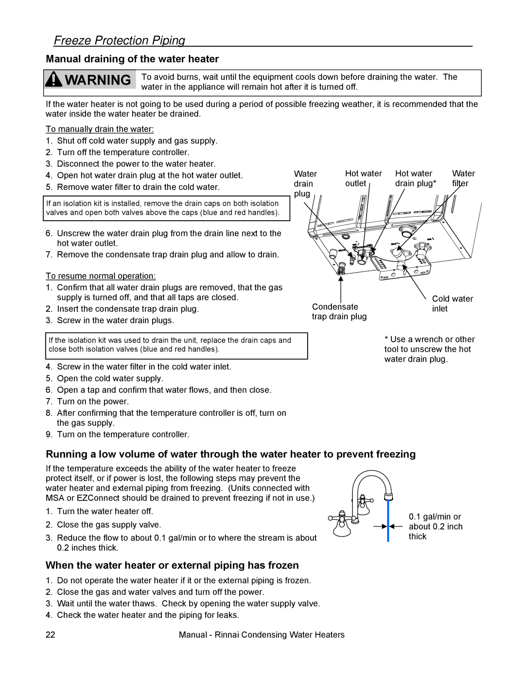 Rinnai RC80I, RC98I, RC98E, RC80E installation manual Freeze Protection Piping, Manual draining of the water heater 