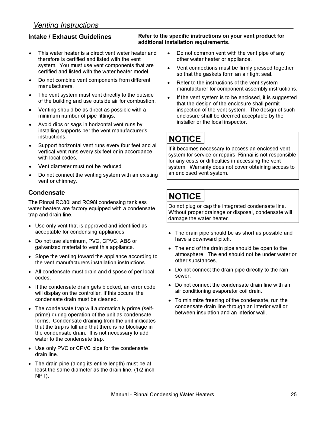 Rinnai RC98E, RC98I Venting Instructions, Intake / Exhaust Guidelines, Condensate, Additional installation requirements 