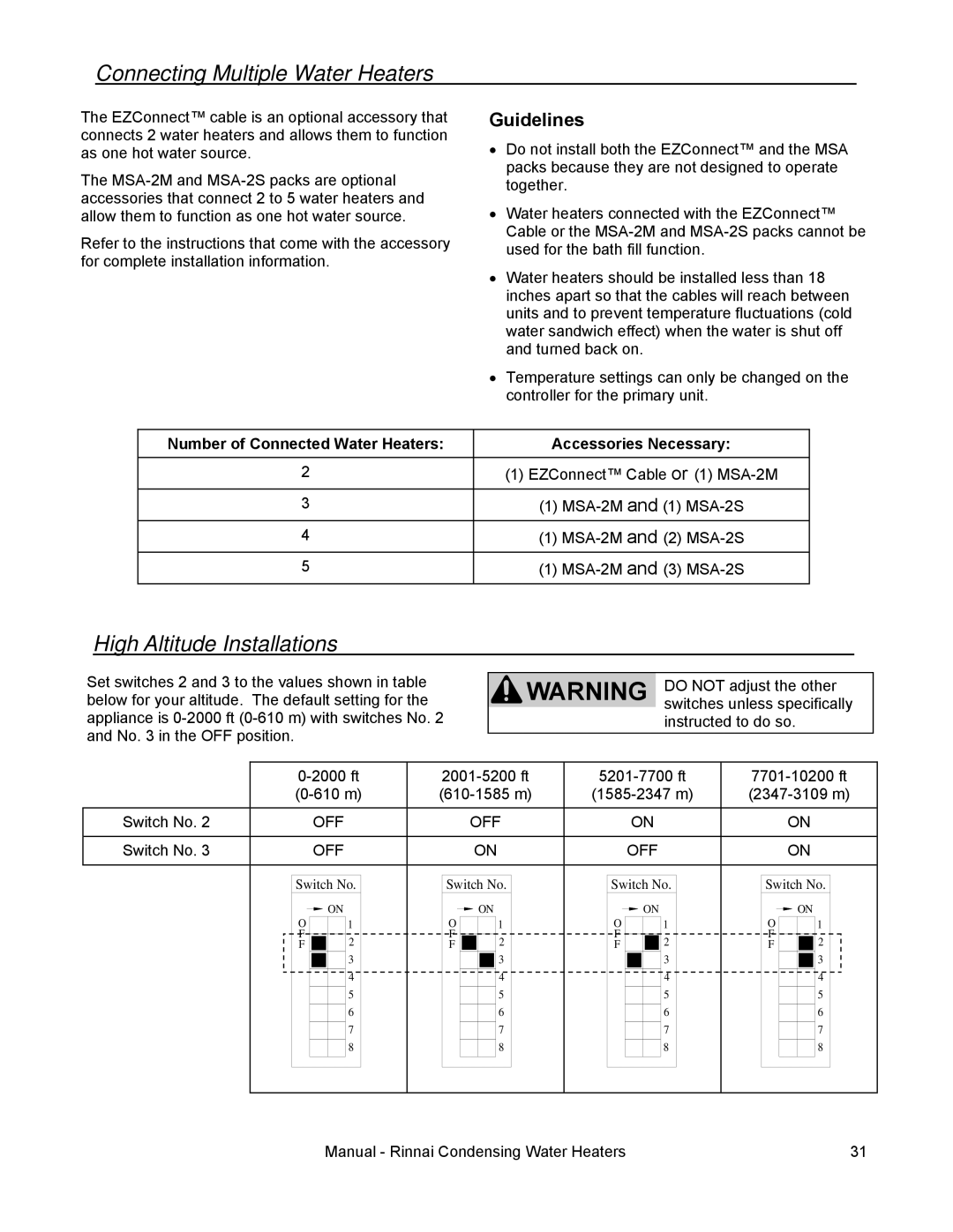 Rinnai RC80E, RC98I, RC98E, RC80I Connecting Multiple Water Heaters, High Altitude Installations, Guidelines 