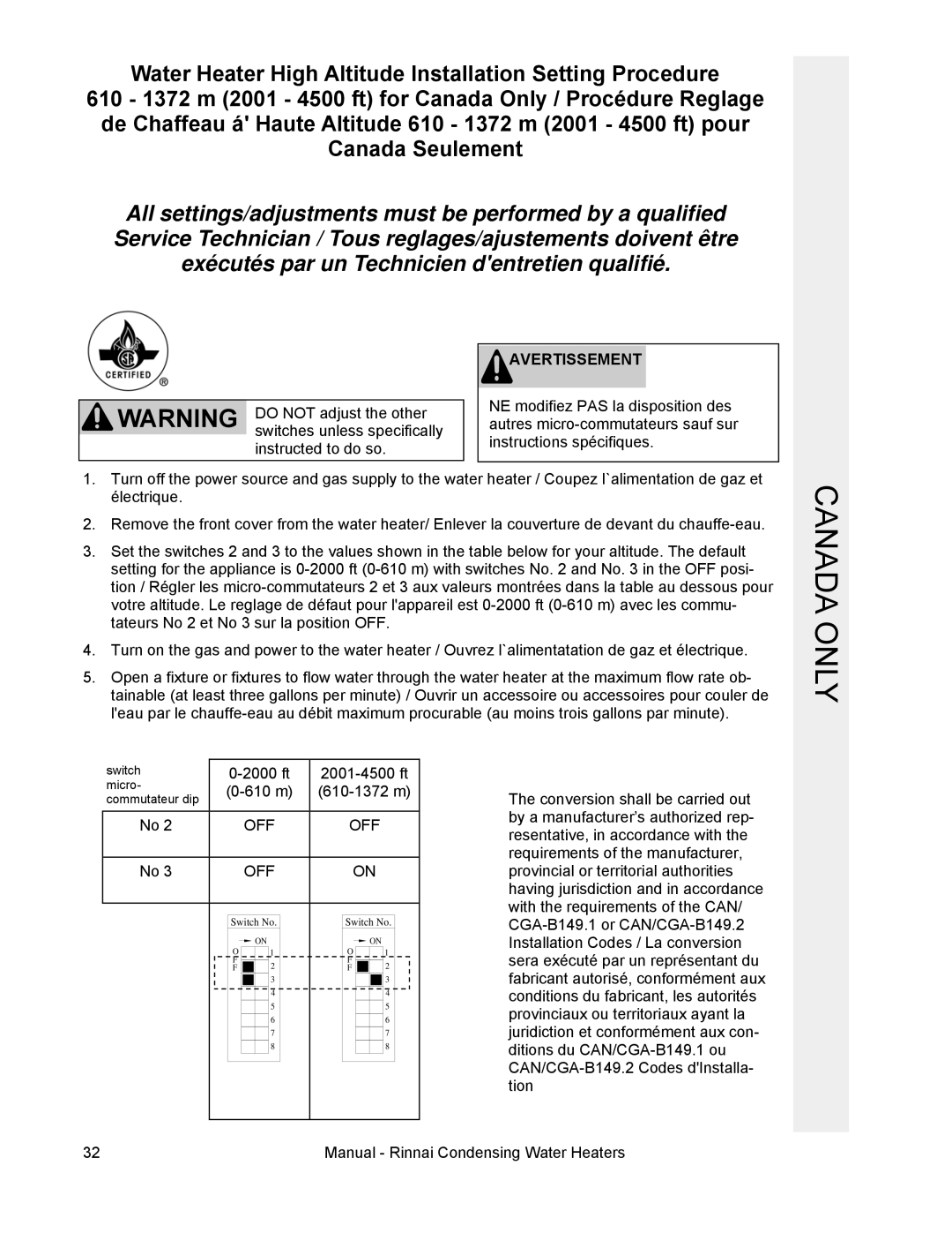 Rinnai RC98I, RC98E, RC80I, RC80E installation manual Canada only 