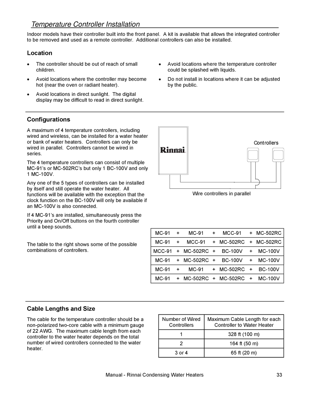 Rinnai RC98E, RC98I, RC80I, RC80E Temperature Controller Installation, Location, Configurations, Cable Lengths and Size 