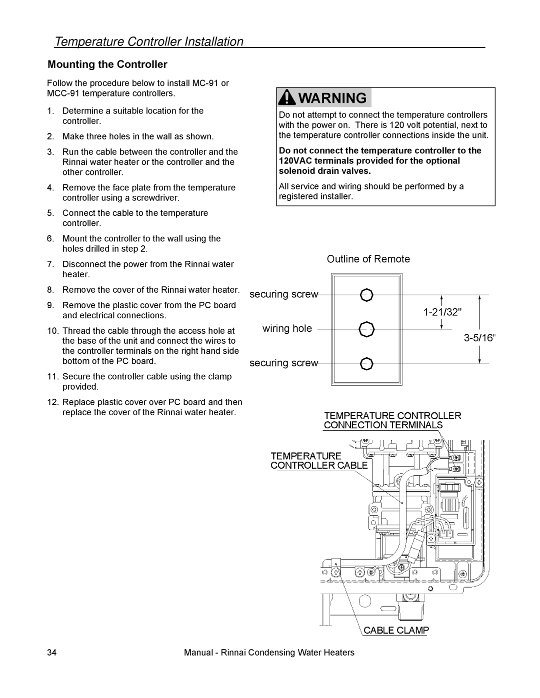 Rinnai RC80I, RC98I, RC98E, RC80E installation manual Mounting the Controller, Outline of Remote 